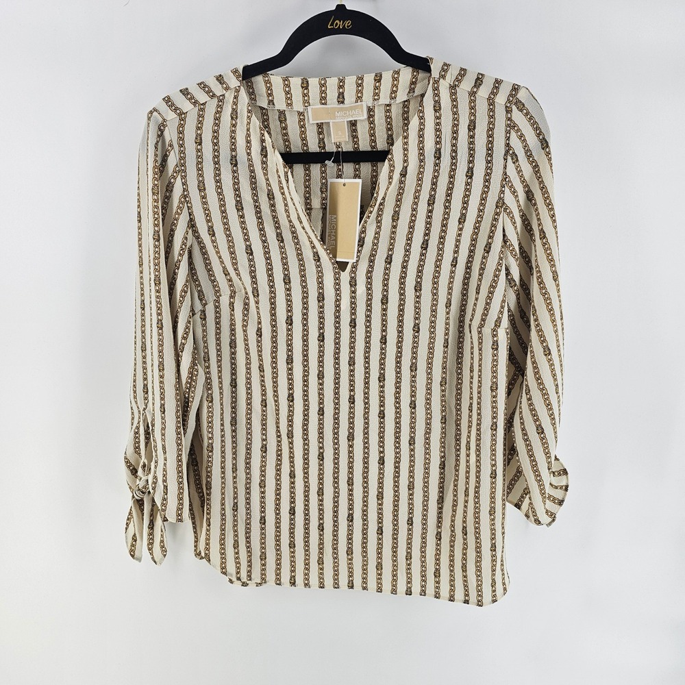 Michael Michael Kors Blouse Womens S Ivory Chain Stripe Tie Cuff Top Career NWT